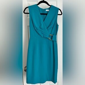 Pre-Loved Calvin Klein Dress Teal with Gold Buckle. Size 2